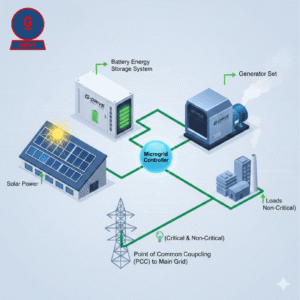 Diagram showing a microgrid system with solar panels, a battery energy storage system, a generator set, and a microgrid controller connecting to critical and non-critical loads, and a point of common coupling to the main grid.