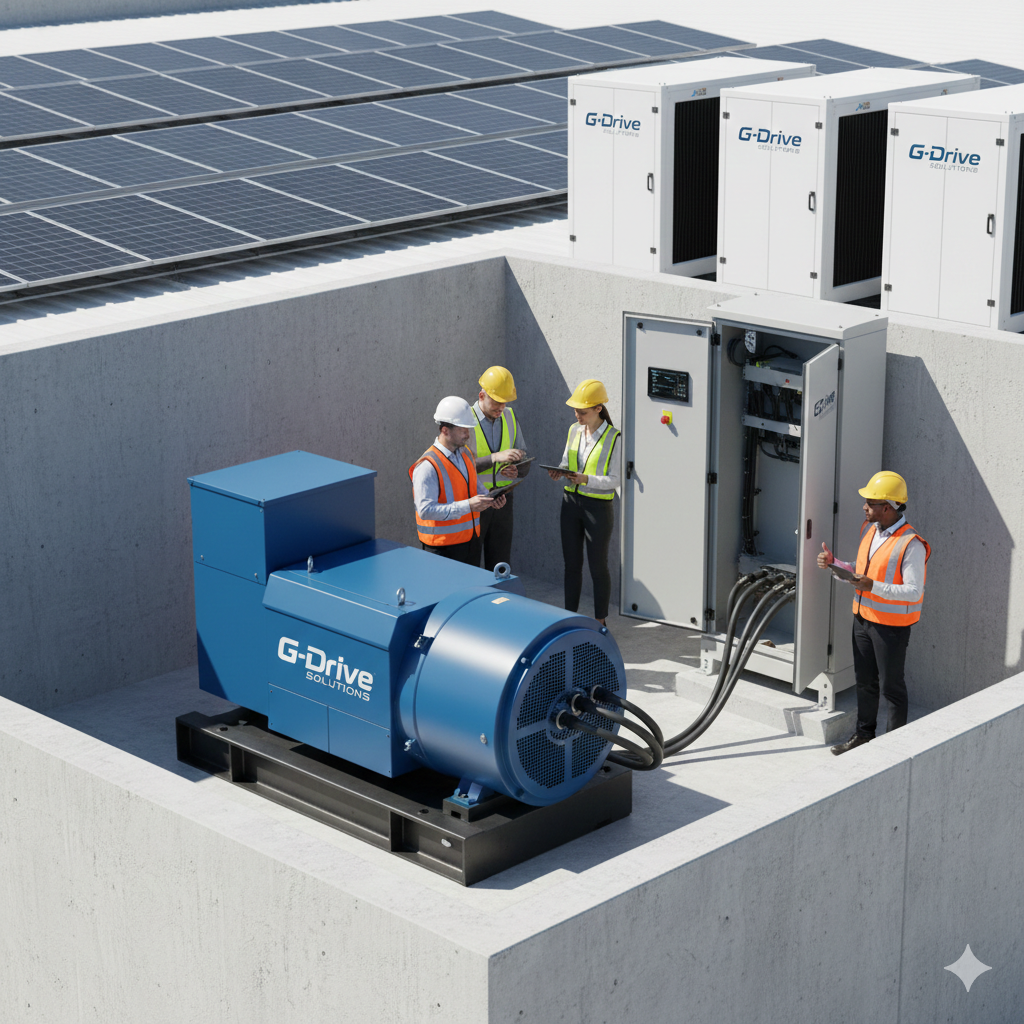 Engineers inspecting a G-Drive Solutions generator set connected to solar panels and battery storage units in a microgrid setup.